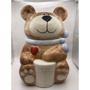 Treasure Craft Cookie Jar 1980's Ceramic 12-inch Bear W/Heart & Blue Bow